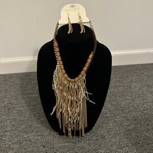 Tan And Gold Bogot Statement Dangle Bib Necklace And Earings - NEW